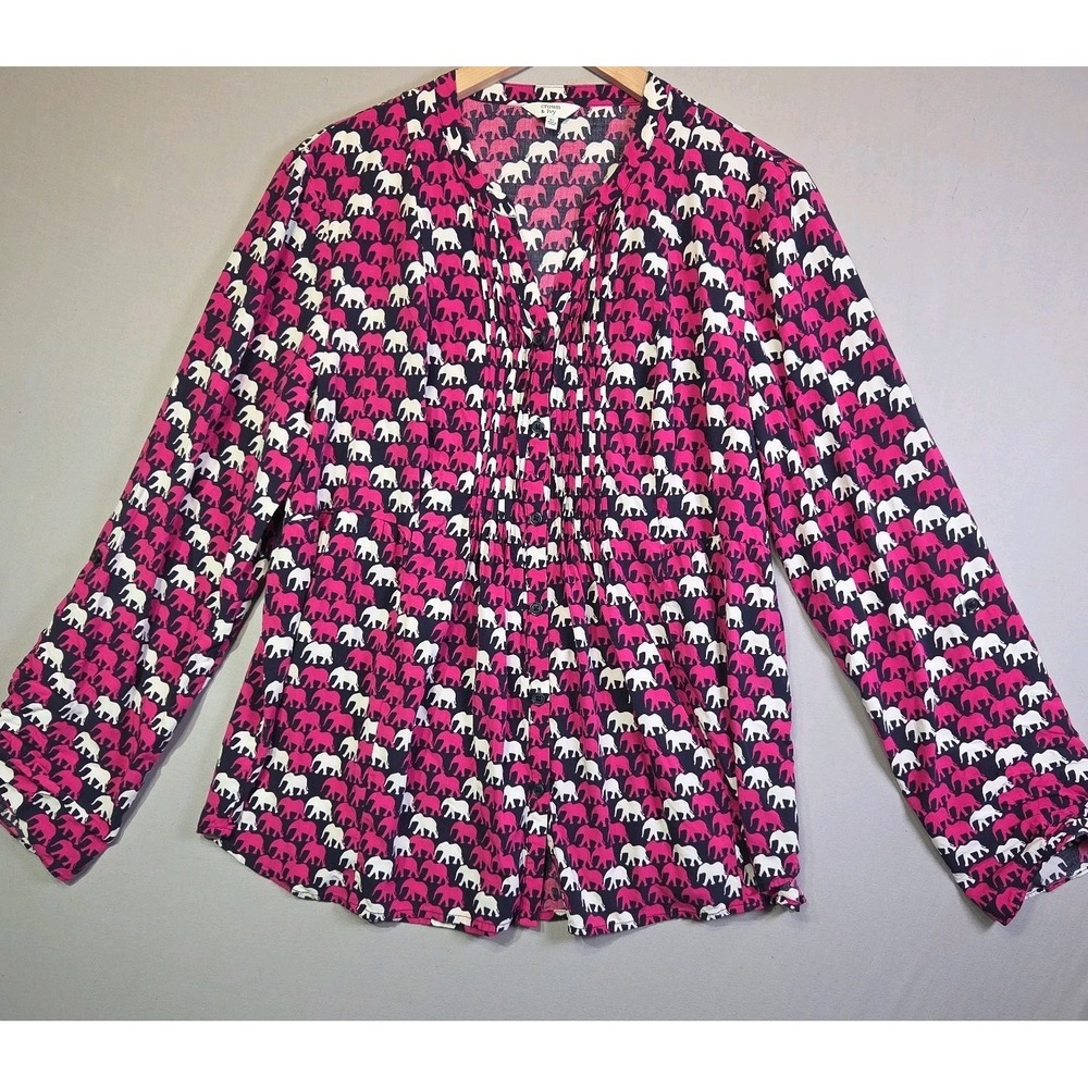 Crown & Ivy Womens XL Elephant Print Blouse Pink Navy Pintuck Button Front Top